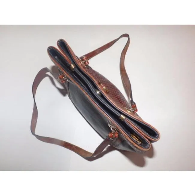 Bally Vintage Pursesdesigner Purses Dark Brown Woven And Black Leather Satchel
