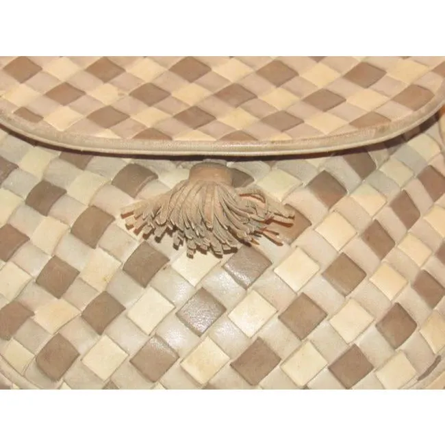 Bottega Veneta Vintage Brown Taupe And Ivory Woven Leather Shoulder Bag