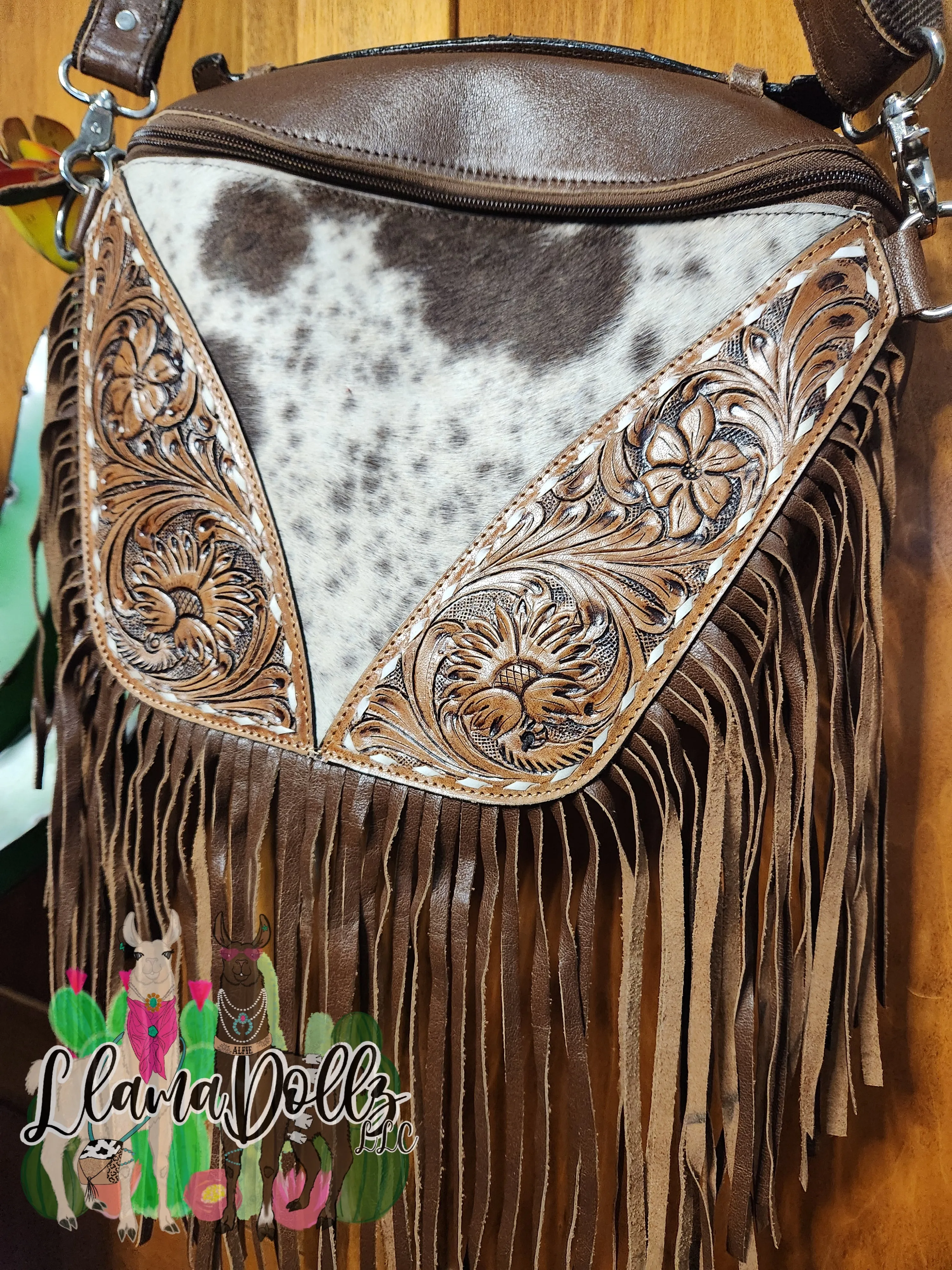 Brown Tooled Leather Sling Bag