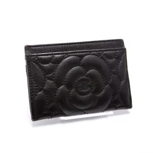Camellia Flower Embossed Caviar Card Holder 24M Black