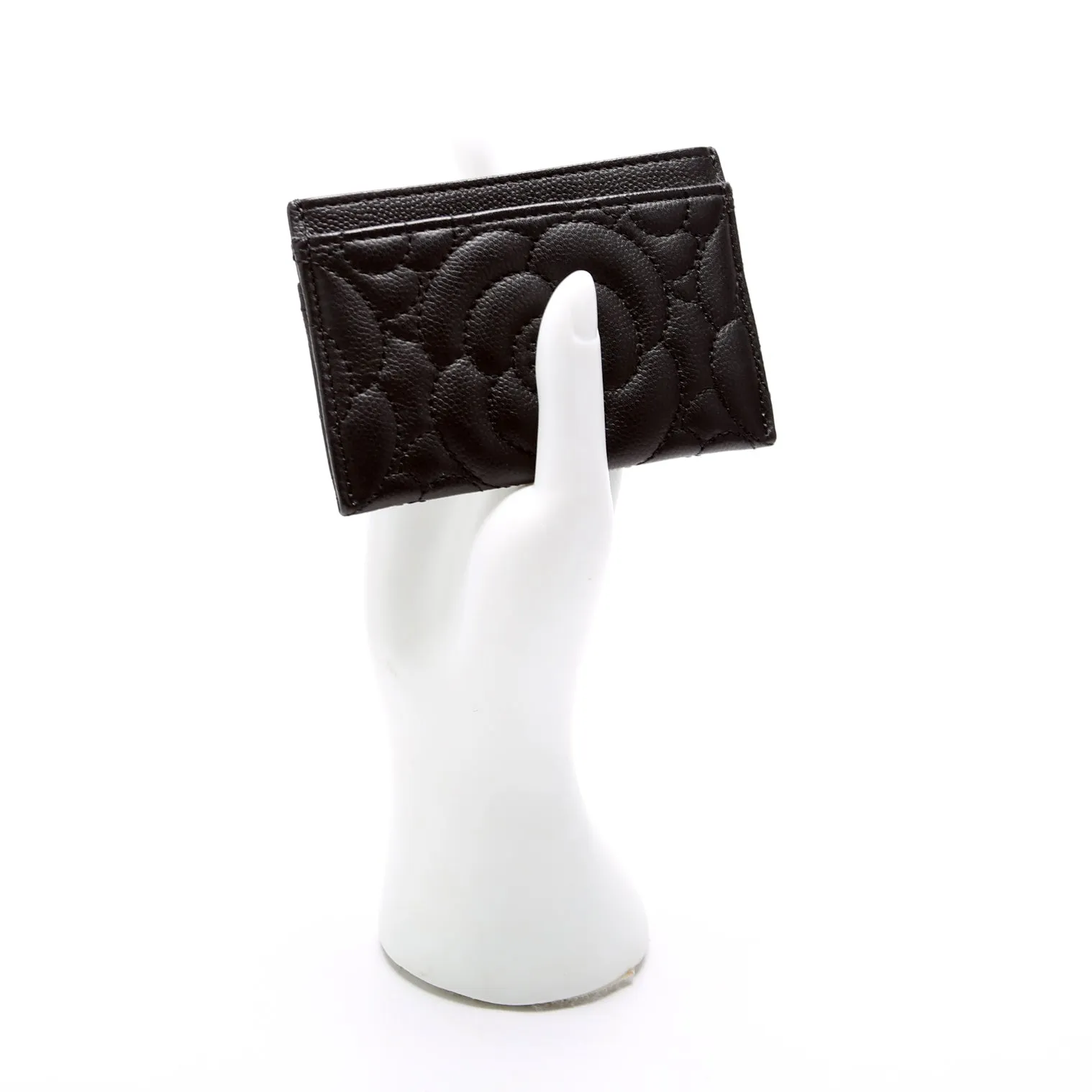 Camellia Flower Embossed Caviar Card Holder 24M Black