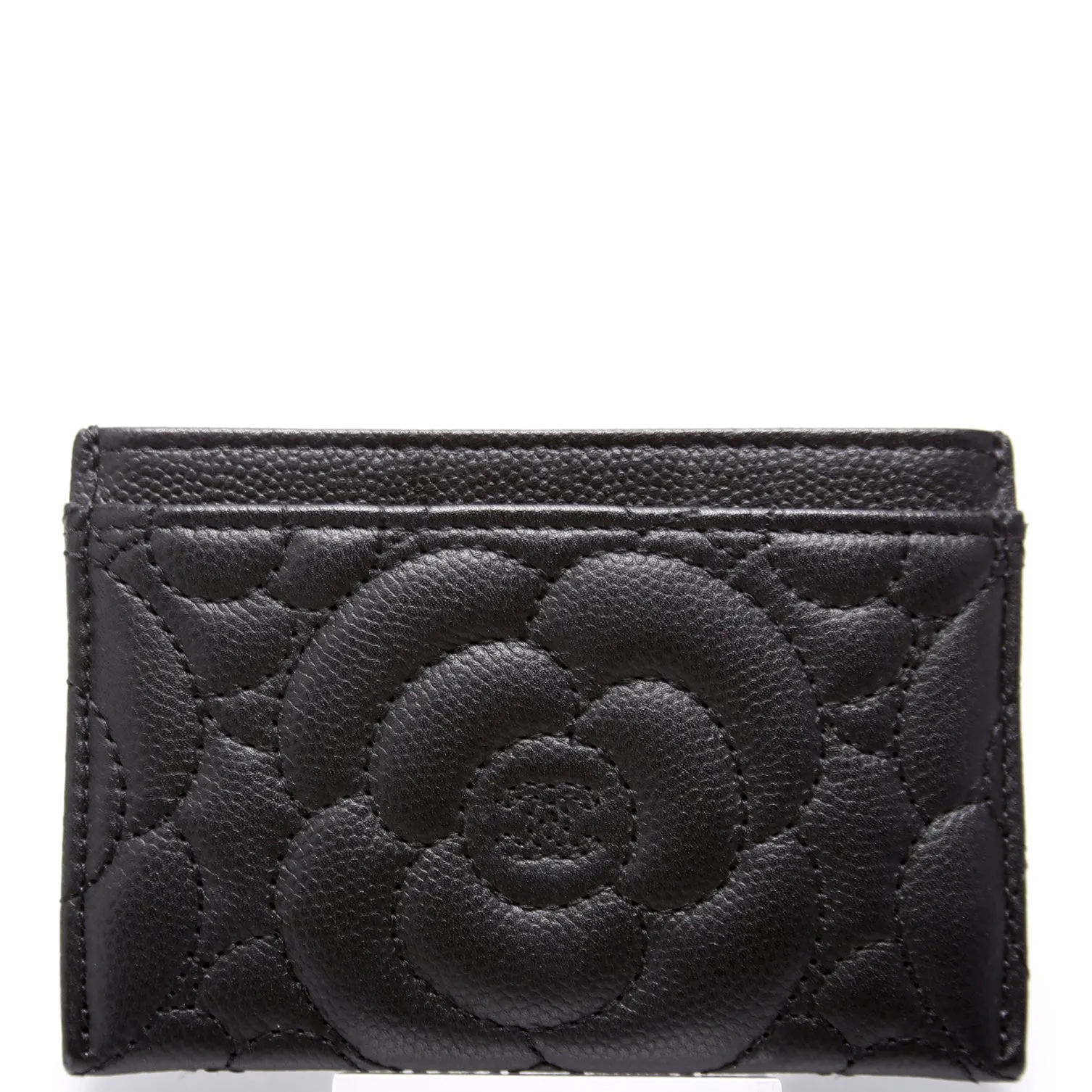 Camellia Flower Embossed Caviar Card Holder 24M Black