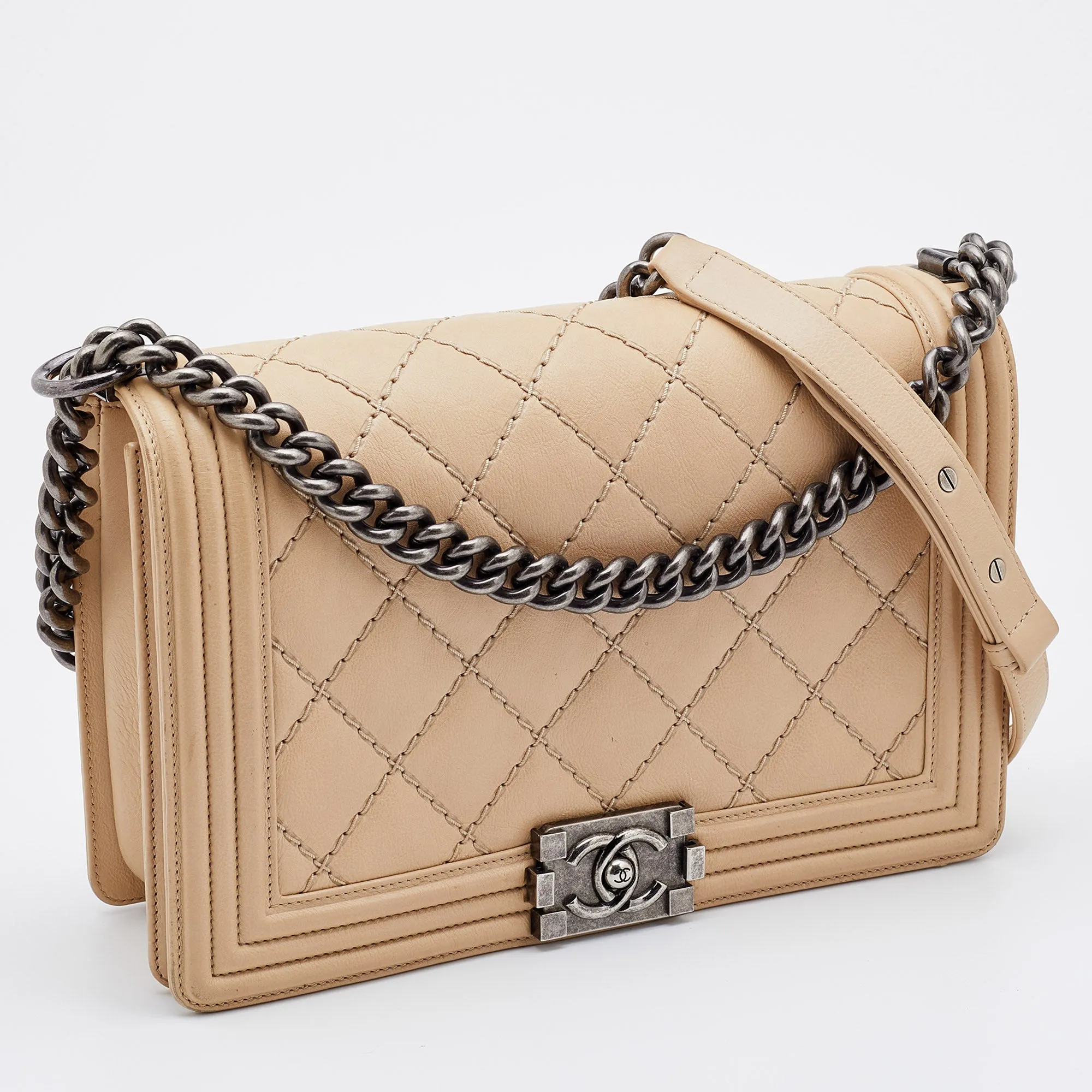 Chanel Beige Quilted Leather New Medium Wild Stitch Boy Bag