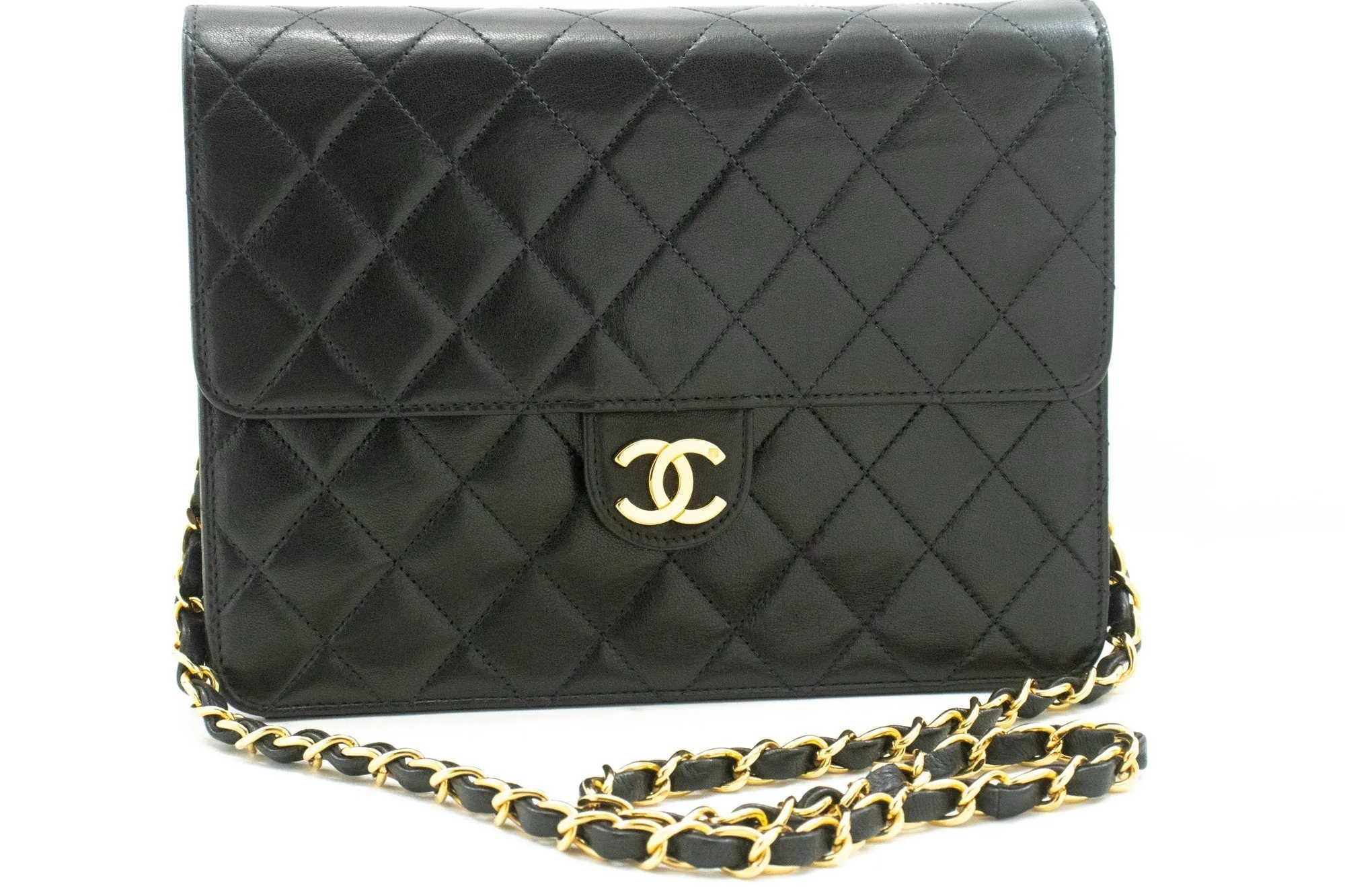 CHANEL Chain Shoulder Bag Clutch Black Quilted Flap Lambskin Purse