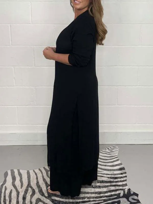 Chic Professional Long Slit Blouse with Pants Suits