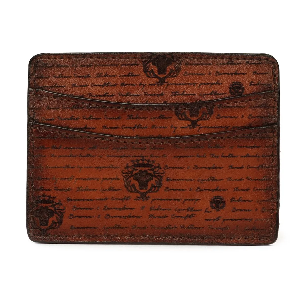 Classic Tan Darker Scritto Laser Leather Card Holder with Lion Logo by Brune & Bareskin
