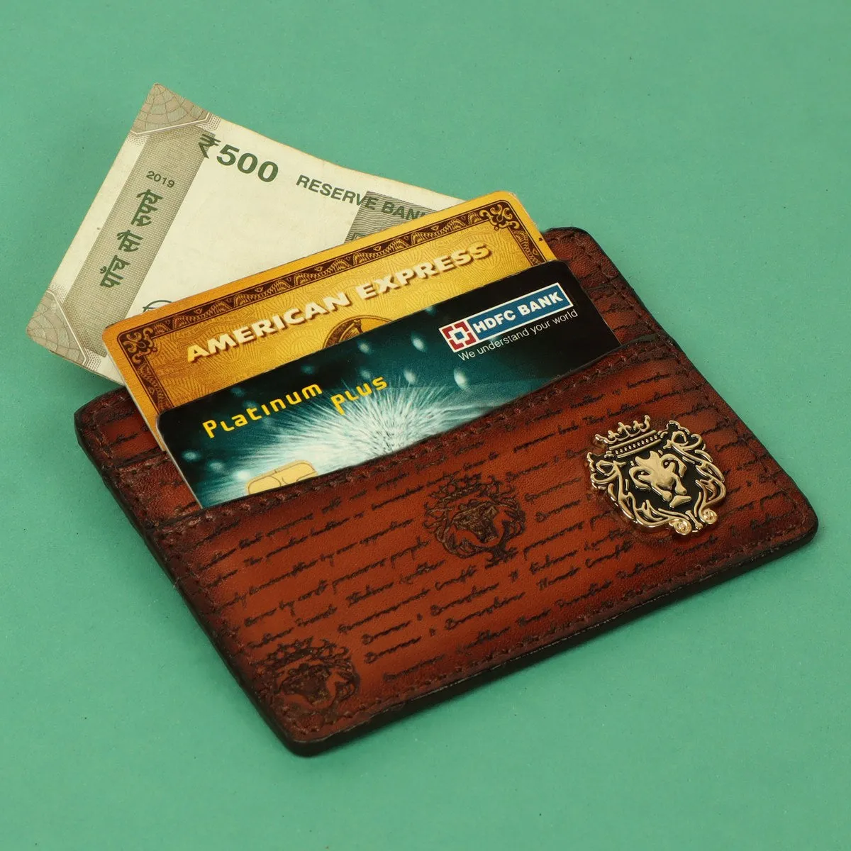 Classic Tan Darker Scritto Laser Leather Card Holder with Lion Logo by Brune & Bareskin