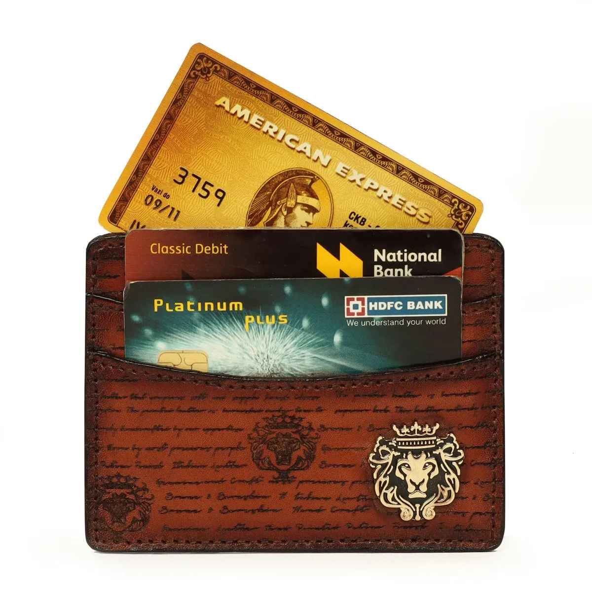 Classic Tan Darker Scritto Laser Leather Card Holder with Lion Logo by Brune & Bareskin
