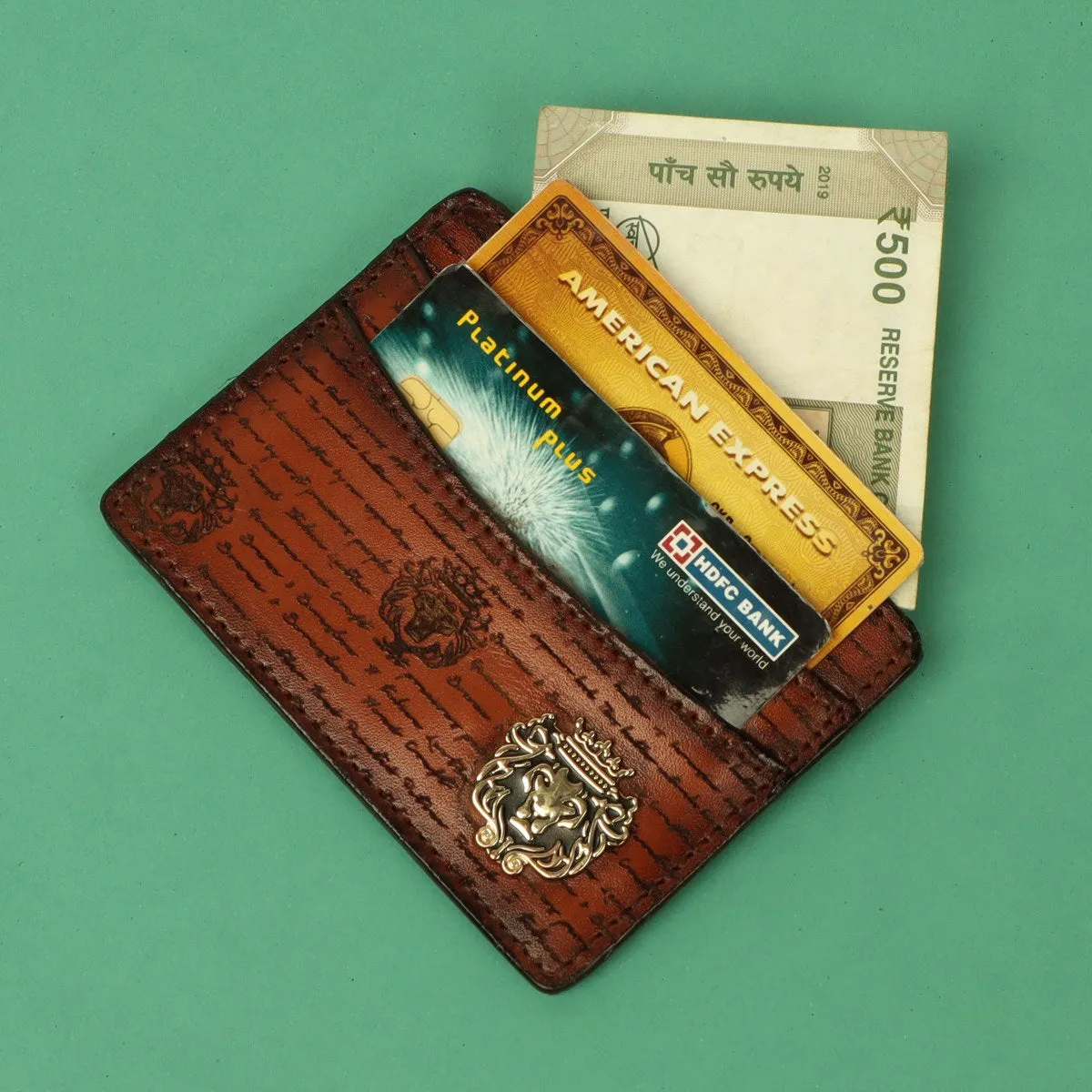 Classic Tan Darker Scritto Laser Leather Card Holder with Lion Logo by Brune & Bareskin