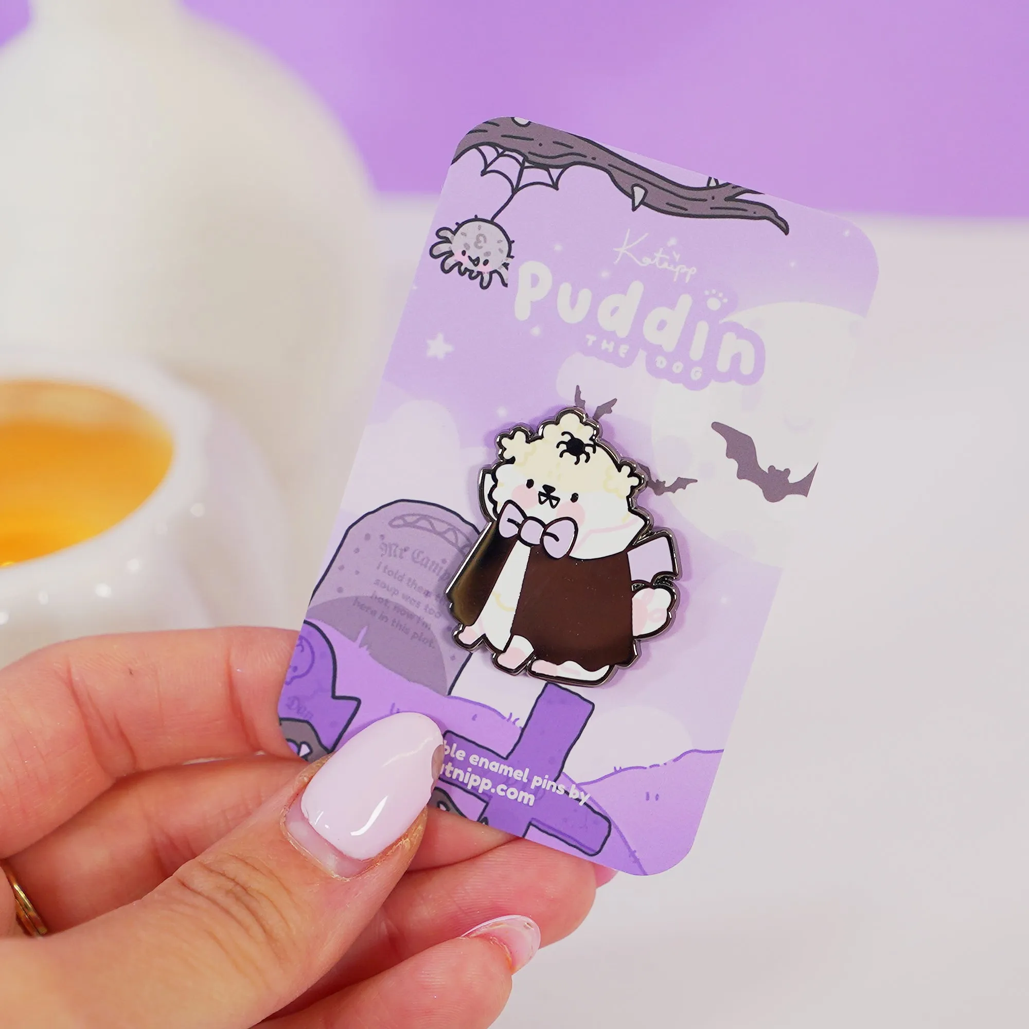 Dracula Puddin Enamel Pin | Cute Halloween Dog Pin | Spooky Kawaii Collectible | Gothic Vampire Badge