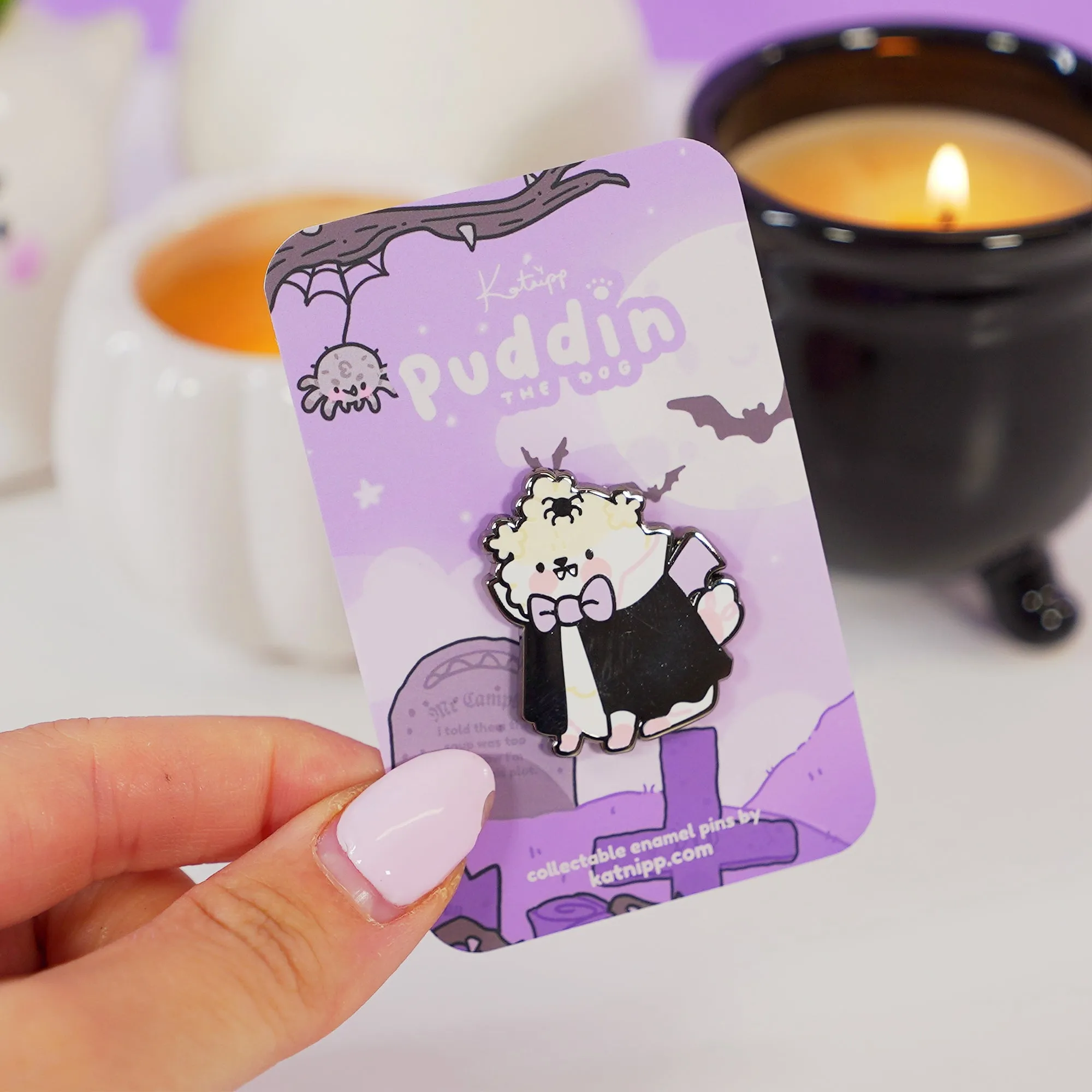 Dracula Puddin Enamel Pin | Cute Halloween Dog Pin | Spooky Kawaii Collectible | Gothic Vampire Badge