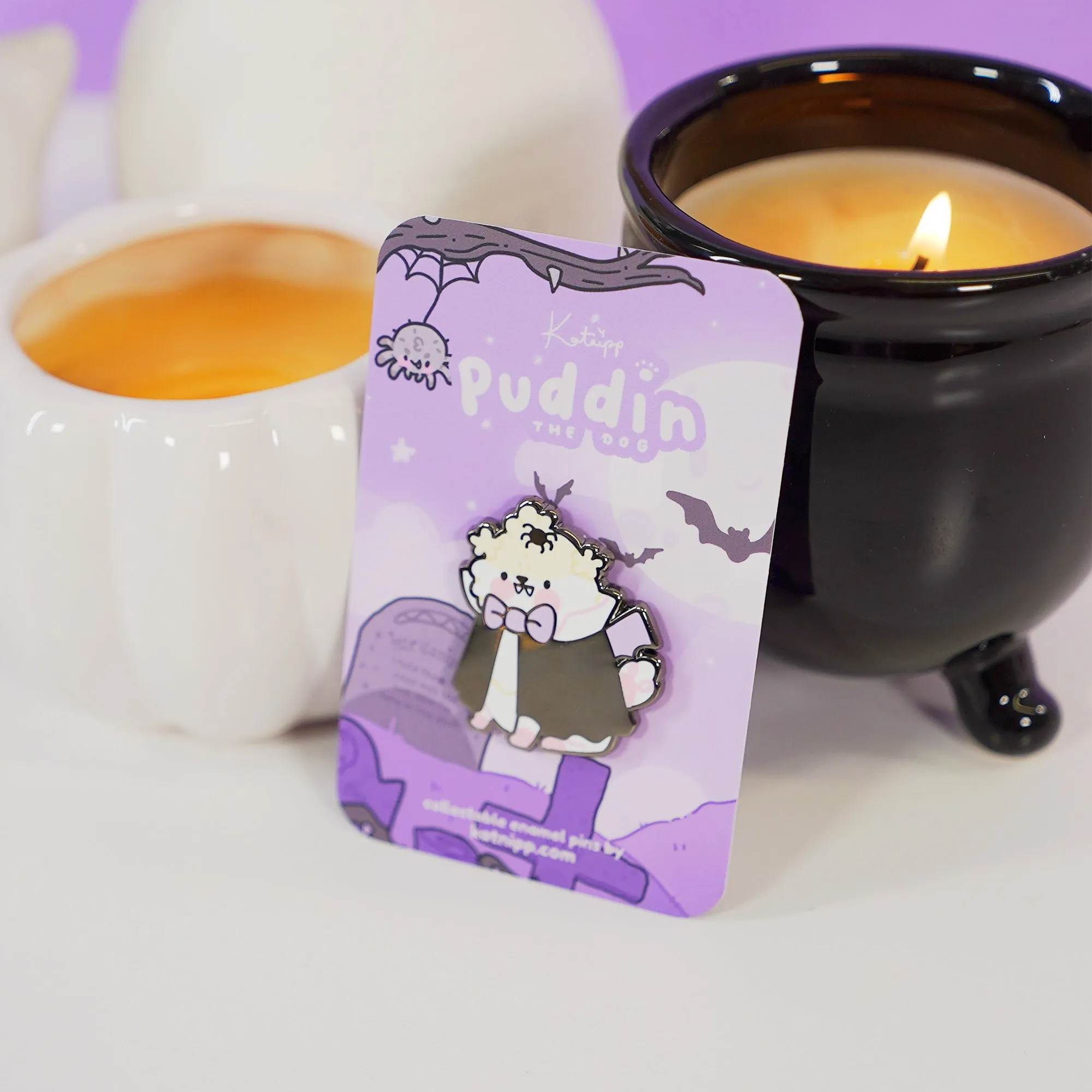 Dracula Puddin Enamel Pin | Cute Halloween Dog Pin | Spooky Kawaii Collectible | Gothic Vampire Badge