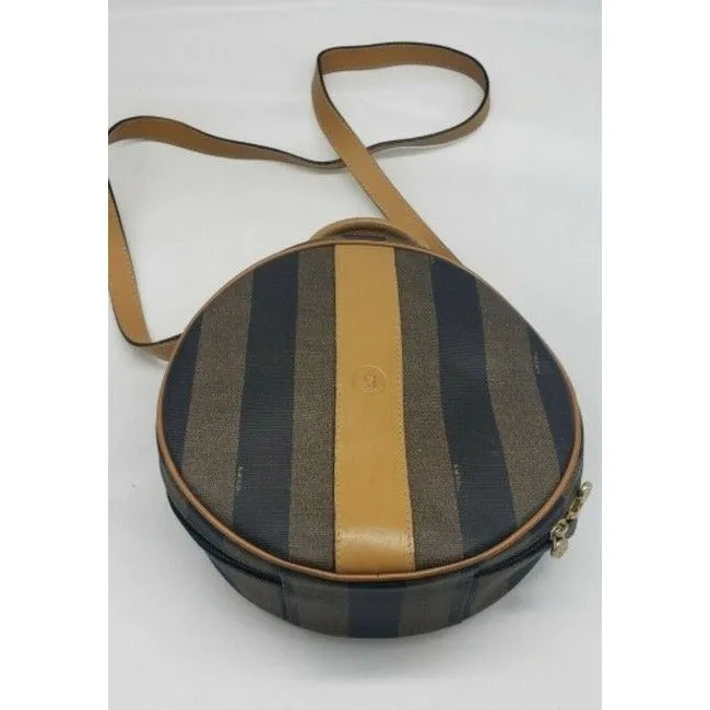 Fendi Box Canvasleather Two Way Hat Boxcross Body Pequin Stripes In Browns Leathercoated Canvas Satc