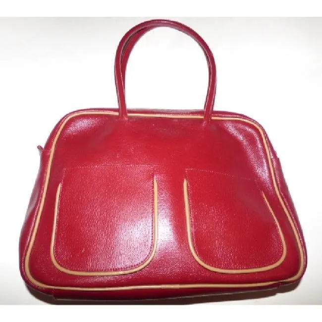 Furla Dark Red Leather Satchel With Tan Leather Accents