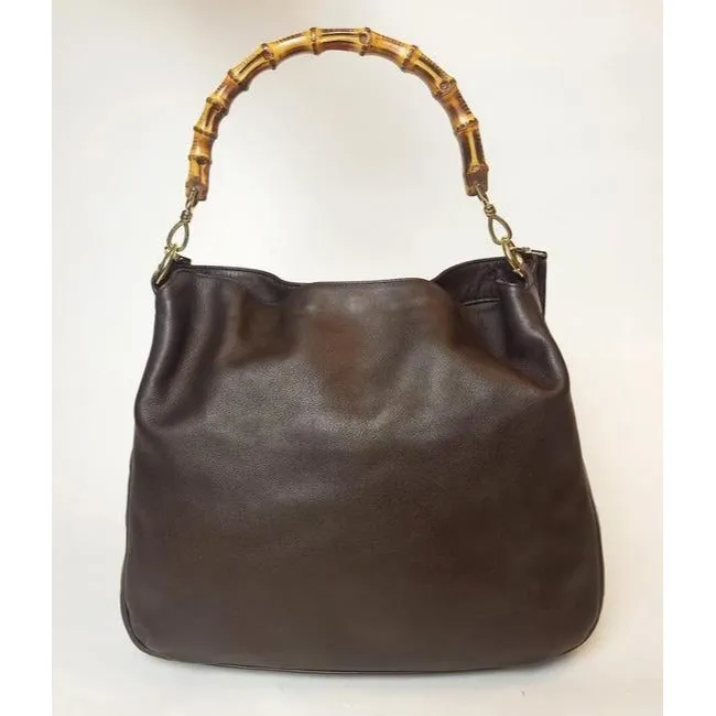 Gucci Shoulder W Two Way Style Handle Brown Leather Bamboo Hobo Bag