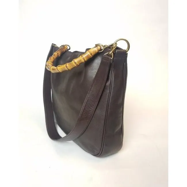 Gucci Shoulder W Two Way Style Handle Brown Leather Bamboo Hobo Bag