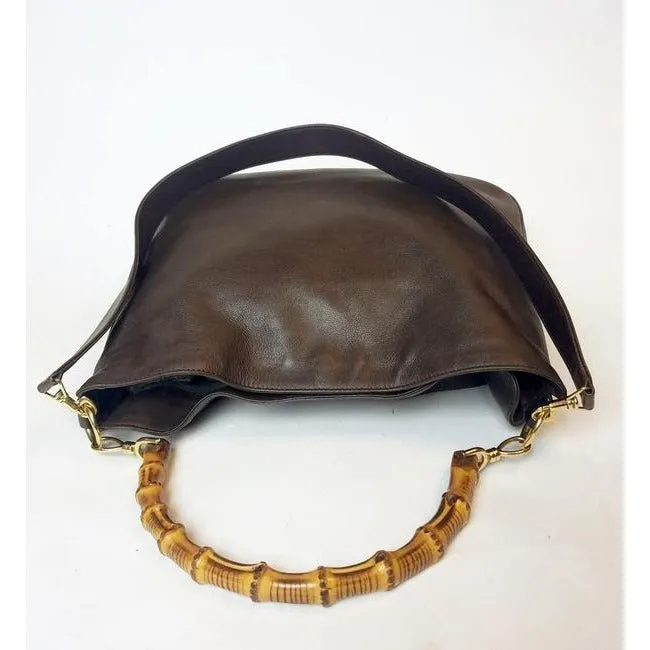 Gucci Shoulder W Two Way Style Handle Brown Leather Bamboo Hobo Bag
