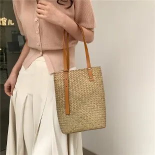 Large Womens Straw Shopper Bag With Leather Handles-Showtown