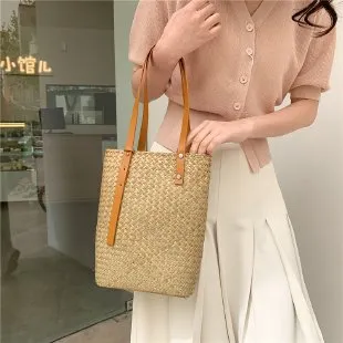 Large Womens Straw Shopper Bag With Leather Handles-Showtown