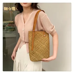 Large Womens Straw Shopper Bag With Leather Handles-Showtown