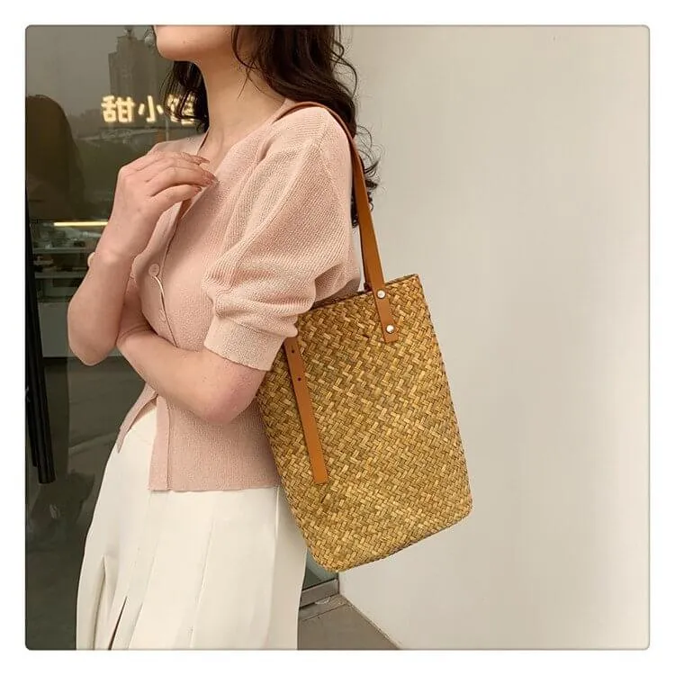 Large Womens Straw Shopper Bag With Leather Handles-Showtown