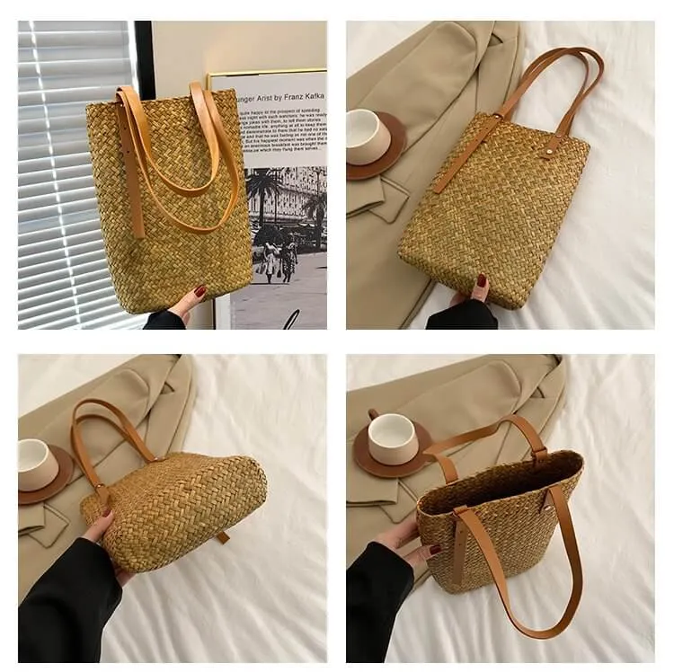 Large Womens Straw Shopper Bag With Leather Handles-Showtown