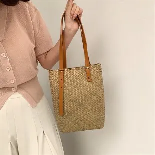 Large Womens Straw Shopper Bag With Leather Handles-Showtown