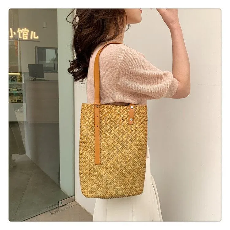 Large Womens Straw Shopper Bag With Leather Handles-Showtown