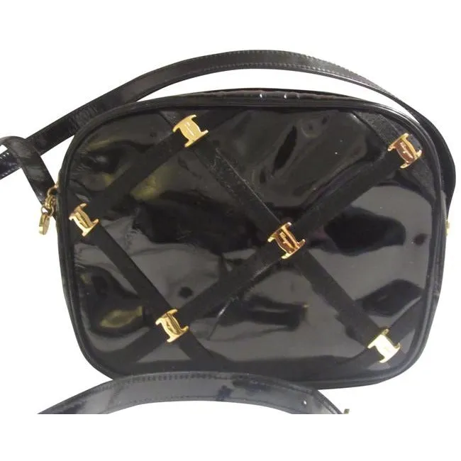 Salvatore Ferragamo Vintage Pursesdesigner Purses Black Patent Leather With Windowpane Design Of Gro