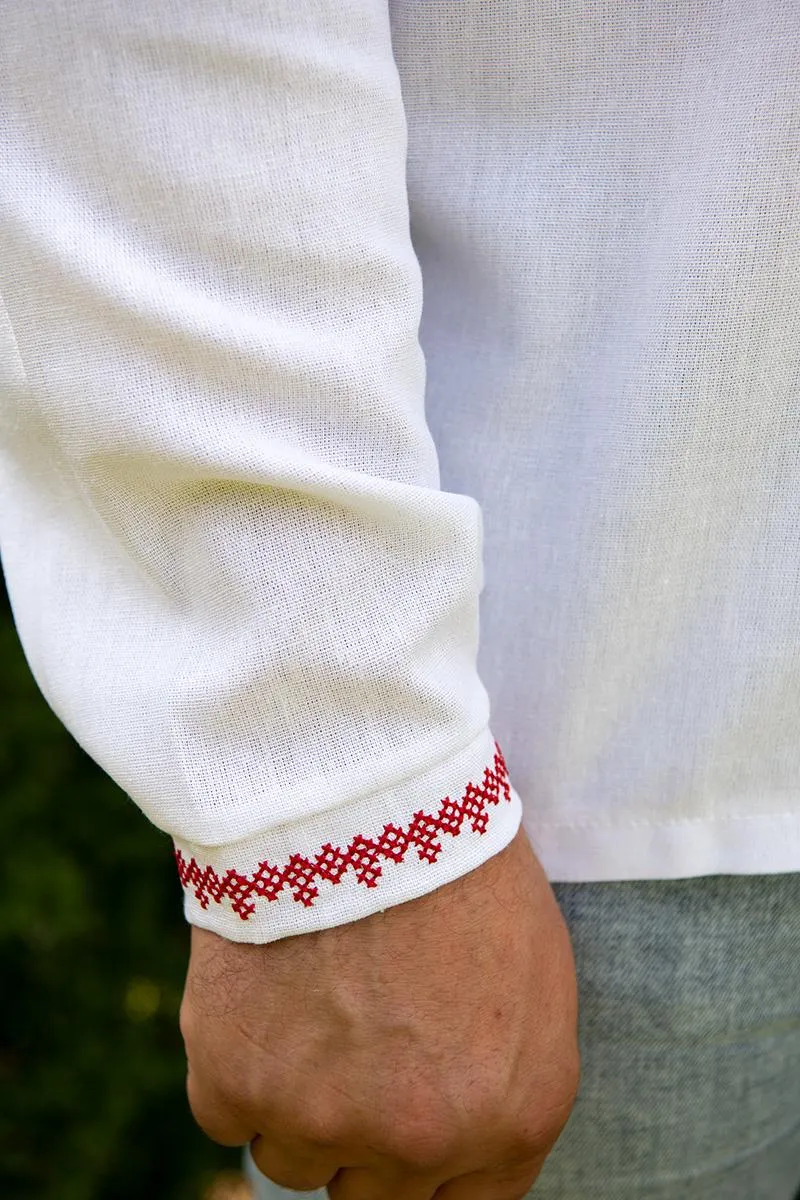 White men's shirt with a contemporary red ornament